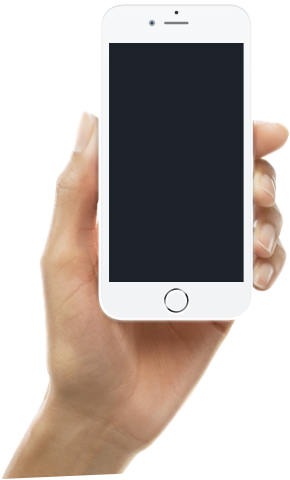 A hand is holding an iPhone with a black screen and white borders on a black background.