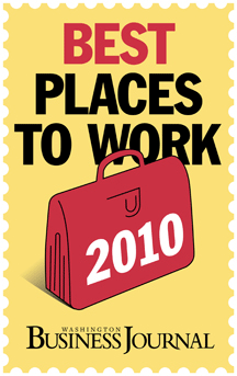 Washington Business Journal, best places to work 2010, red briefcase on yellow background with red text.