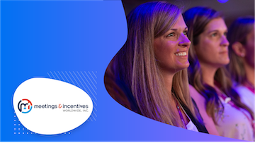 A smiling blonde woman stands in a line with others, and "Meetings & Incentives" is written in the corner.