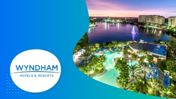 Wyndham Hotels and Resorts banner showing hotels, water body, and buildings.