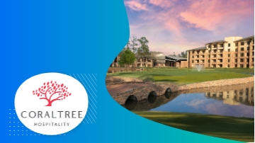 Coral Tree Hospitality logo and building, bridge, water, trees, and sunset sky.