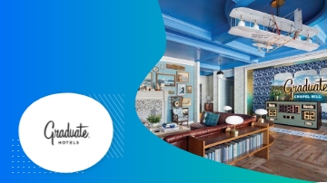 A blue-themed room with a large blue ceiling, a couch, and the word "Graduate" written on it.