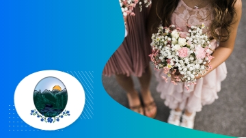 Two women in dresses holding flowers and a round image of a sunset on a blue background.