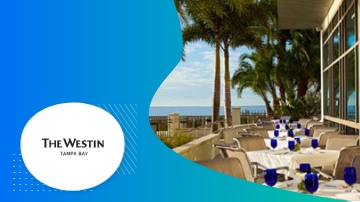 Tampa Bay case study thumbnail showing a resort with dining tables, architecture, and a scenic ocean view.