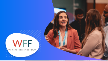 Women Foodservice Forum logo with smiling woman in red blazer in background at WFF event.