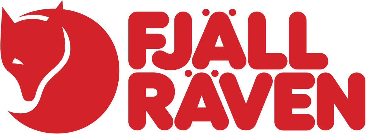 The Fjallraven logo features a red fox head and stylized red text on a black background.