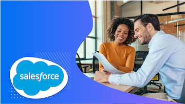 Two people with paper, smiling, in front of Salesforce logo on blue background.