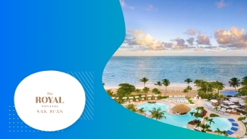Blue and white graphic of the Royal Sonesta San Juan with the ocean and beach.