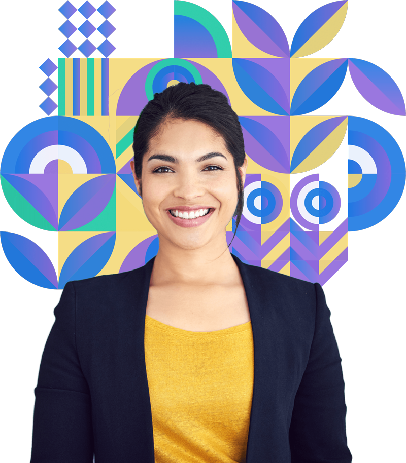 Woman smiling over a colorful background with geometric shapes and leaves.