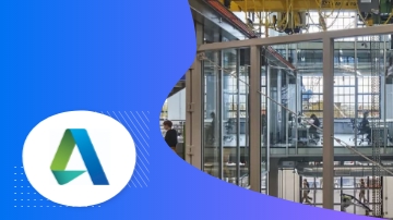Autodesk logo in a circle with a factory image in the background.