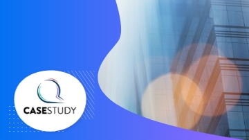 Case study logo on a blue background with a blurred office building in the background.