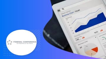 A tablet displaying a business chart with "Federal Conference" text on a blue and purple background.