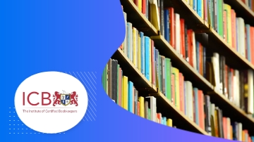 ICB logo with colorful books in a bookshelf with blue background.