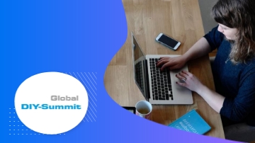 A woman is working on a laptop with the Global DIY Summit logo on the left.