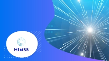 HIMSS logo on blue background with a fireworks display in the backdrop.