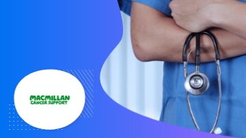 A doctor with stethoscope and Macmillan Cancer Support logo on blue background.