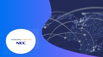 NEC Corporation's logo on the left side with world map in blue background on the right side.