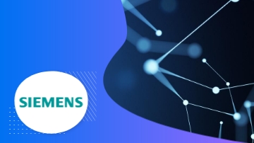 Siemens logo on blue background with a network of connected dots and lines.