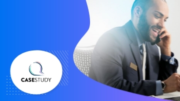 A man in suit and tie working in an office with the word "CASESTUDY" on the bottom left corner.