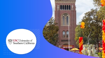 USC University of Southern California event marketing with tower, red balloons, and lush trees in vibrant colors.