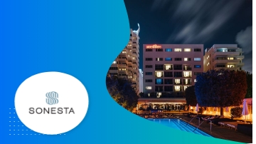 A blue poster featuring a nighttime cityscape with buildings, a pool, and the Sonesta logo.