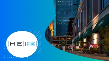 HEI Hotels & Resorts logo with modern architecture and landscaping in a vibrant urban setting.