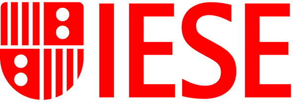 The logo of IESE Business School, featuring red and white colors and the word "IESE" in bold letters.