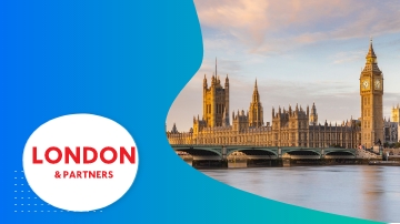 London Case Study Thumbnail featuring London skyline, architecture, bridge, and a logo with the text "London & Partners."