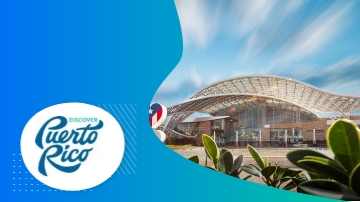 Puerto Rico tourism with modern architecture, lush greenery, and a vibrant blue sky.