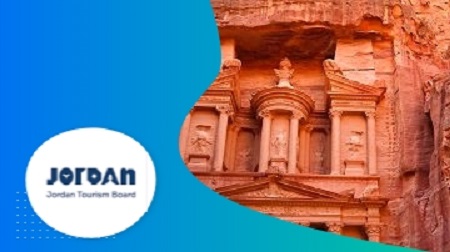 Jordan tourism board logo and sandstone building on a blue and green background.
