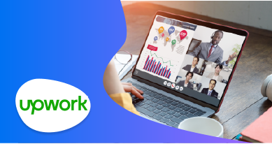 Upwork logo with a laptop showing a virtual meeting on the screen.