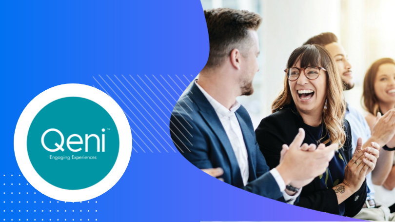 A group of people are clapping with a logo of Qeni Engaging Experiences on blue background.