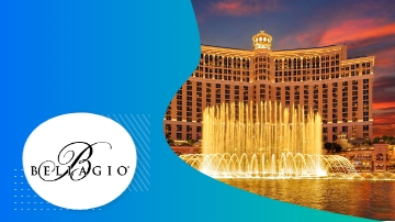 Bellagio hotel and casino, water fountain, and "Bellagio" text on a blue background.