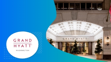 Grand Hyatt Washington hotel entrance with text and architectural details on a blue background.