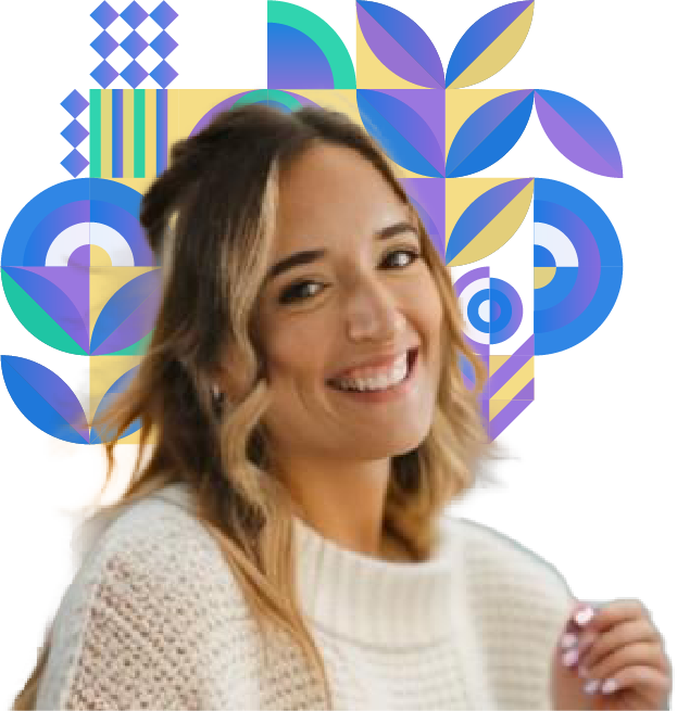 A smiling woman in front of a graphic background with a multi-colored pattern.