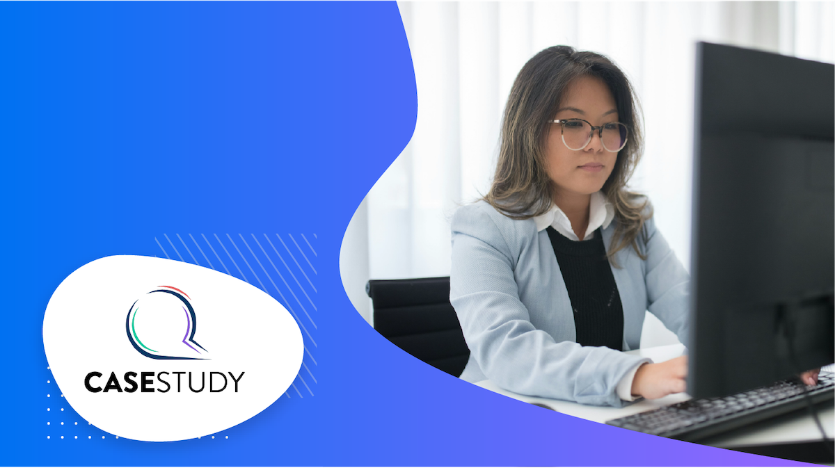 Woman working on computer with CASESTUDY logo, in an office environment.