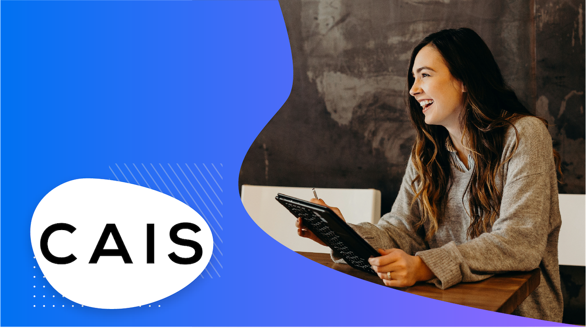 Woman working on a tablet with CAIS logo in the bottom left corner.