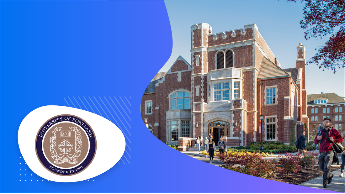 The University of Portland campus with the university logo in the left corner and a purple backdrop.