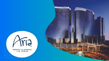 Aria Resort & Casino in Las Vegas, showcasing architecture, landscaping, and ambiance with a blue background.