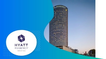 Hyatt Regency Paris Etoile hotel building in blue sky with hotel logo on the bottom left.