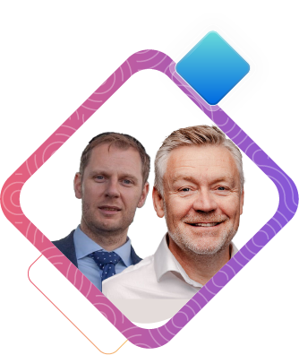 Two men smiling with a blue square and a pink square with a pattern on the background.