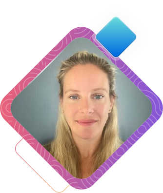 A headshot of Nicola in a purple and blue square with a blue square on the top right.