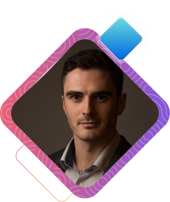 A picture of James Carty is shown on a pink and purple background with a blue square.