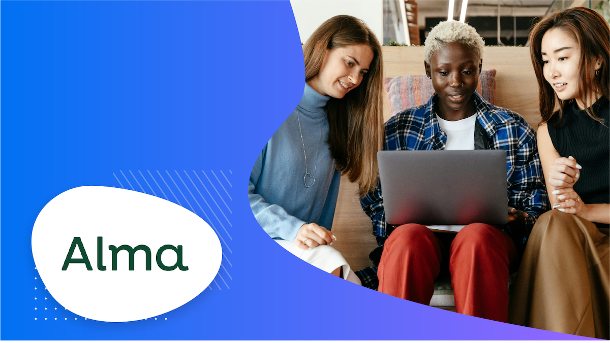 Three women sitting on a bench with a laptop and Alma logo on a blue background.