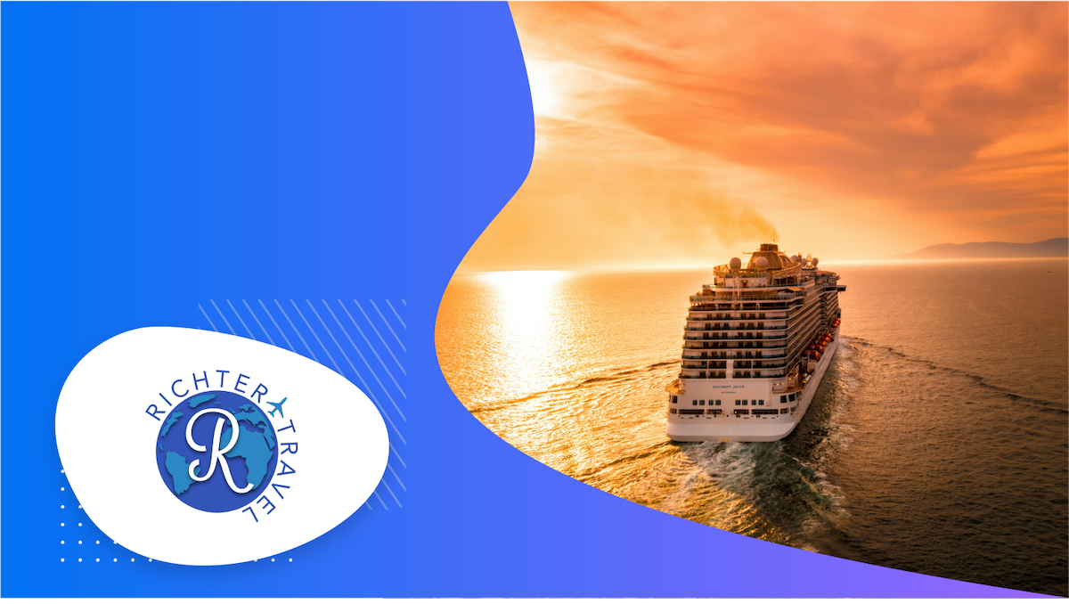 Cruise ship on a sunset background with the logo of Richter Travel in the bottom left corner.