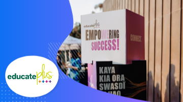 A poster with the text "Empowering Success!" is placed on a wooden wall with a blue background.