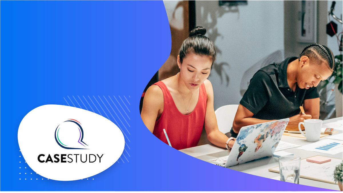 Two people sitting at a desk with laptops and a coffee cup, with a CASESTUDY logo overlay.