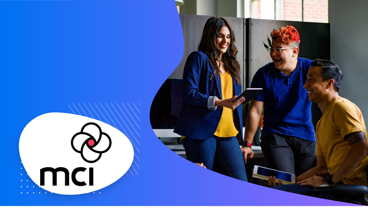 MCI logo and image of coworkers working together in an office.