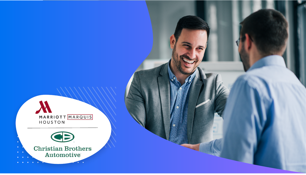 Christian Brothers Automotive and Marriott Marquis Houston logos, with two men shaking hands in the background.