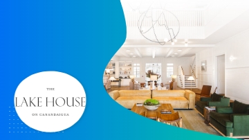 The Lake House on Canandaigua is a modern, bright, and airy house with a spacious living room.